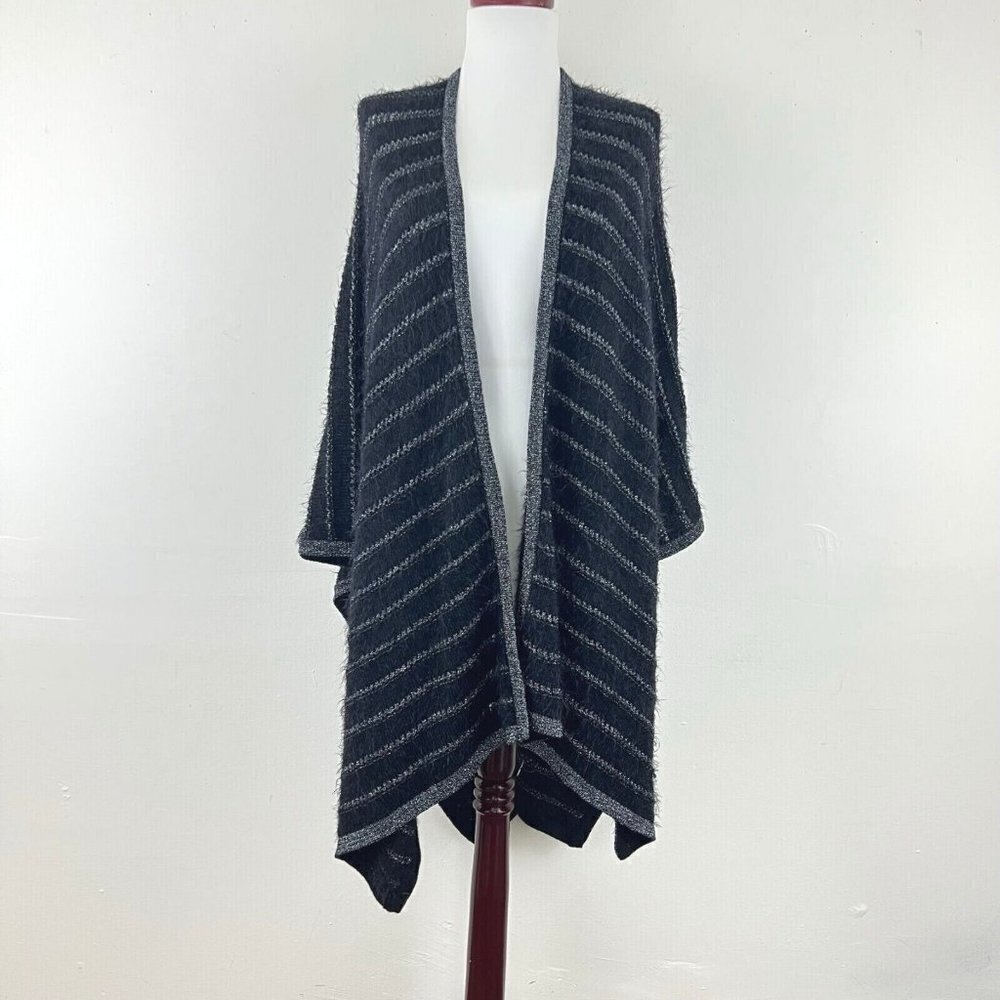 Soma Womens  Ruana Covering‎ Wrap Black  Silver Metallic Stripes  One Size NEW